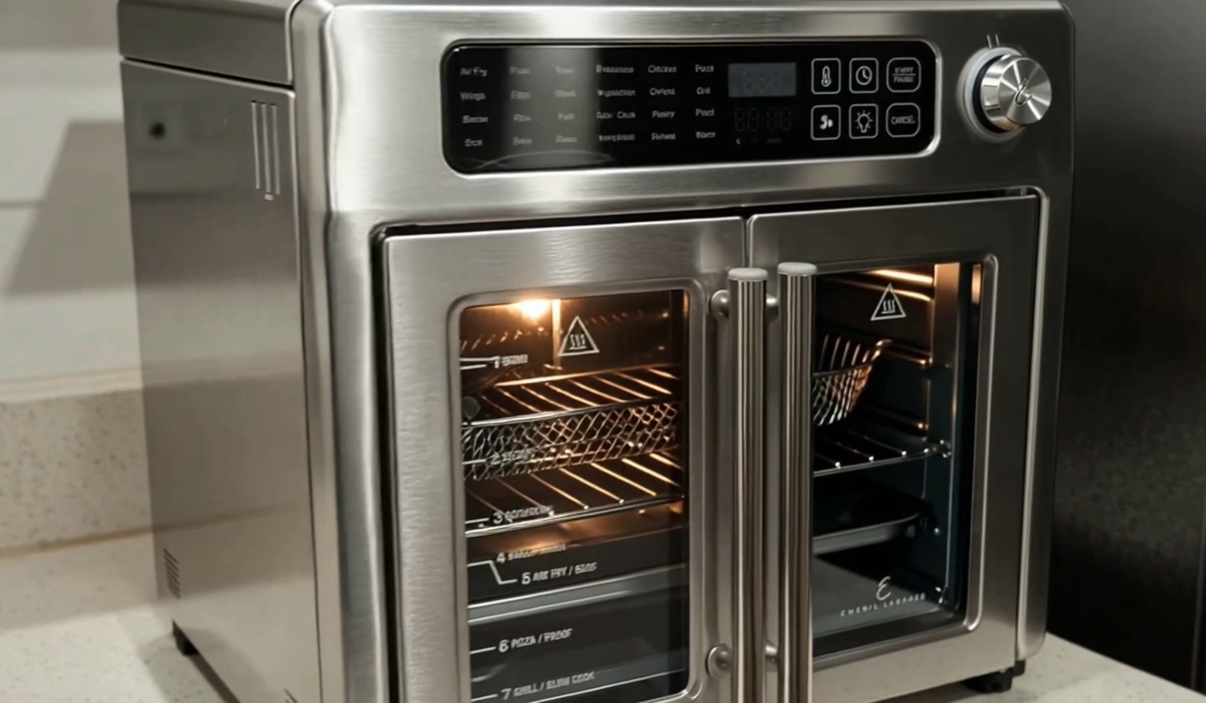 Removable crumb tray and interior of Emeril Lagasse air fryer oven for cleaning