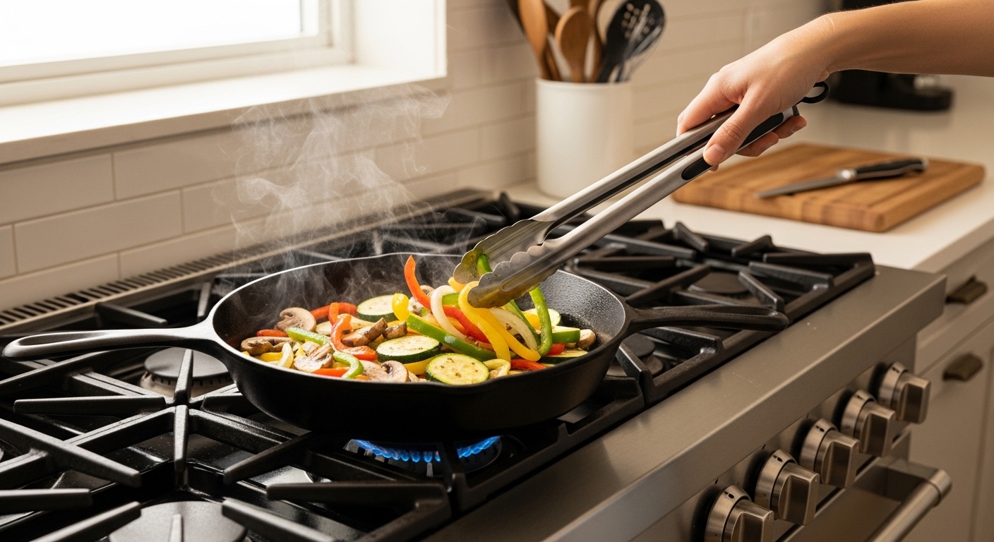 Best Kitchen Tongs for Cooking and Grilling vegetables skillet