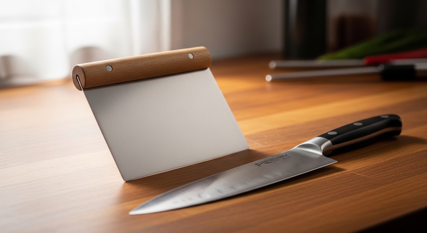 bench scraper kitchen prep tools flat lay chef knife