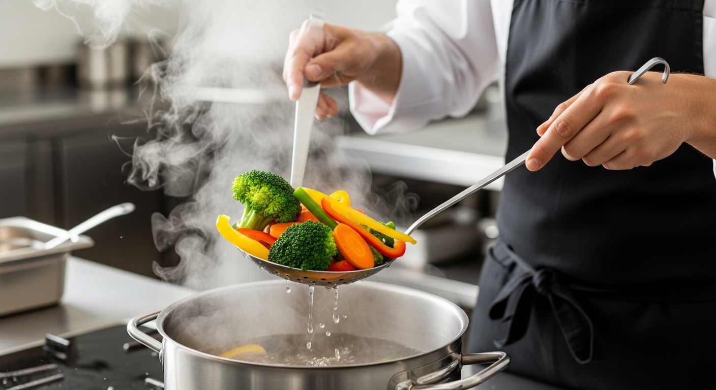 chef lifting vegetables from boiling pot using stainless steel slotted spoon Best Slotted Spoons for Cooking and Frying