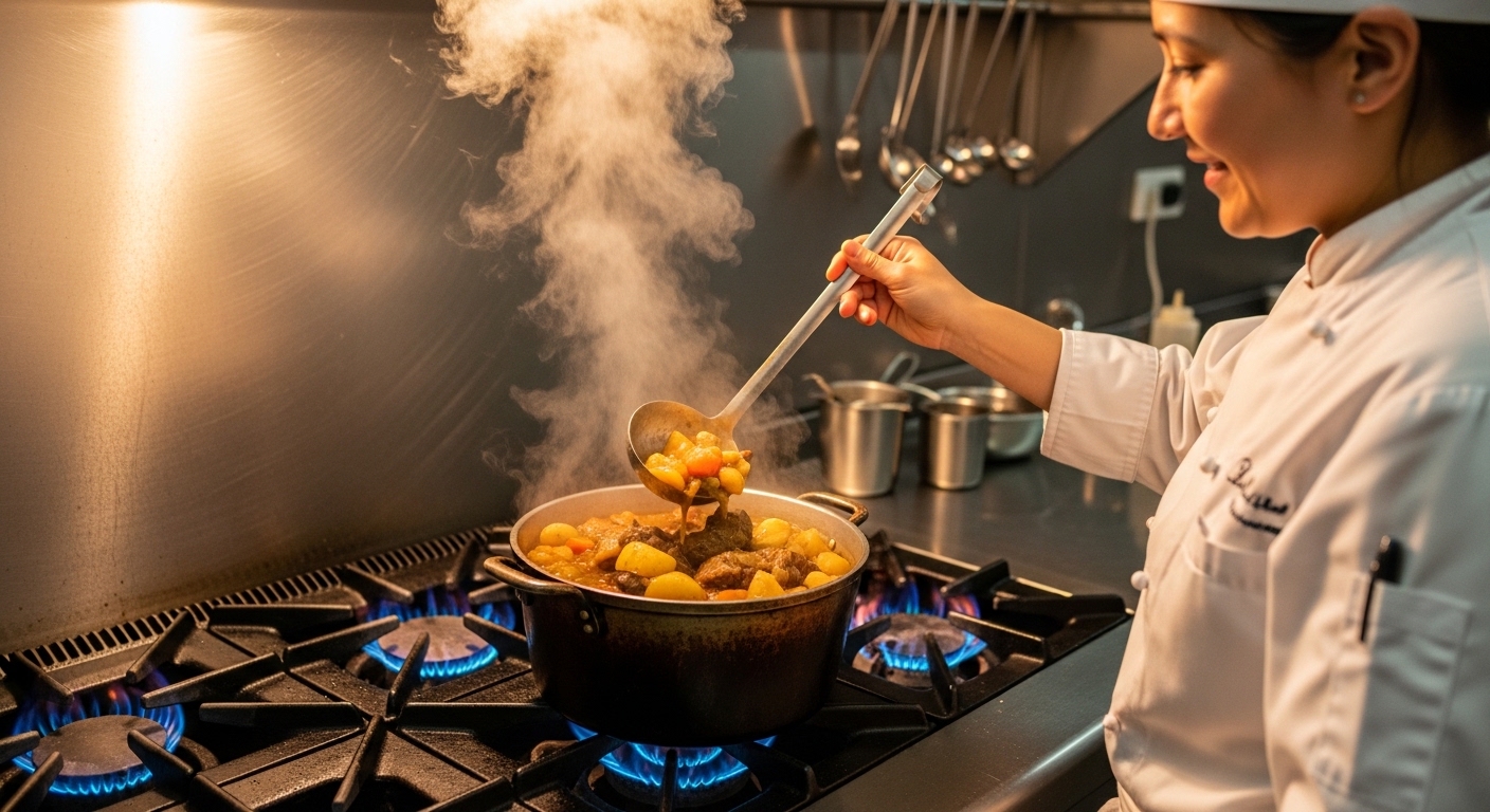 chef serving stew with stainless steel ladle from large pot on stovetop, warm lighting