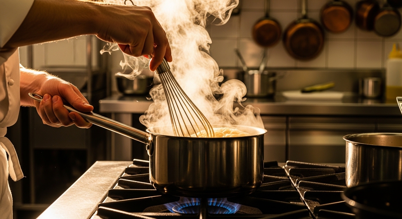 chef whisking sauce in stainless steel Best Cooking Whisks for Home Kitchens (Chef-Tested Picks)