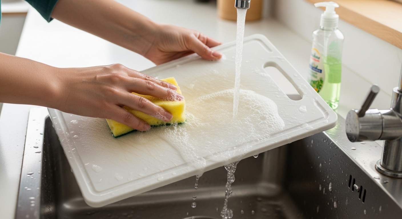 washing plastic cutting board in kitchen sink