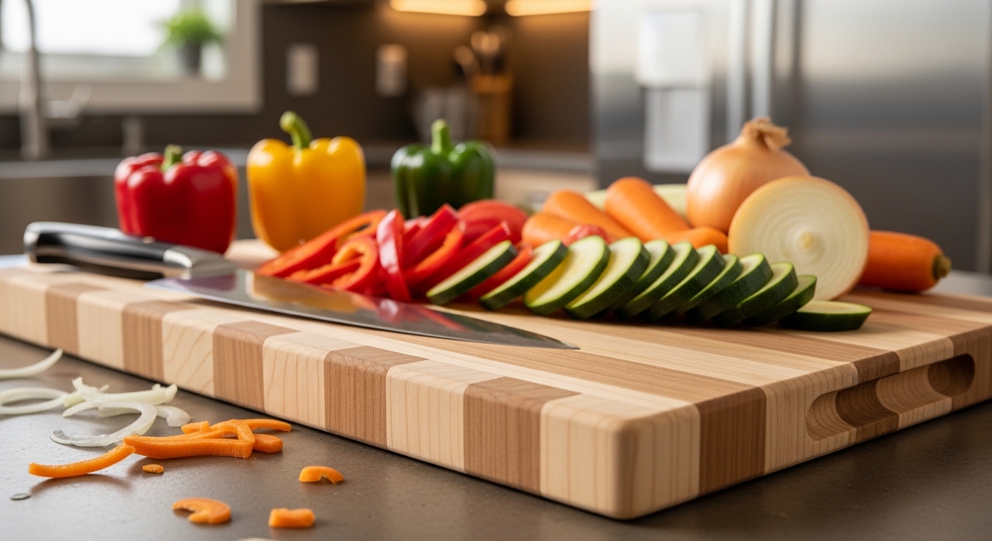 end grain maple cutting board with chef knife