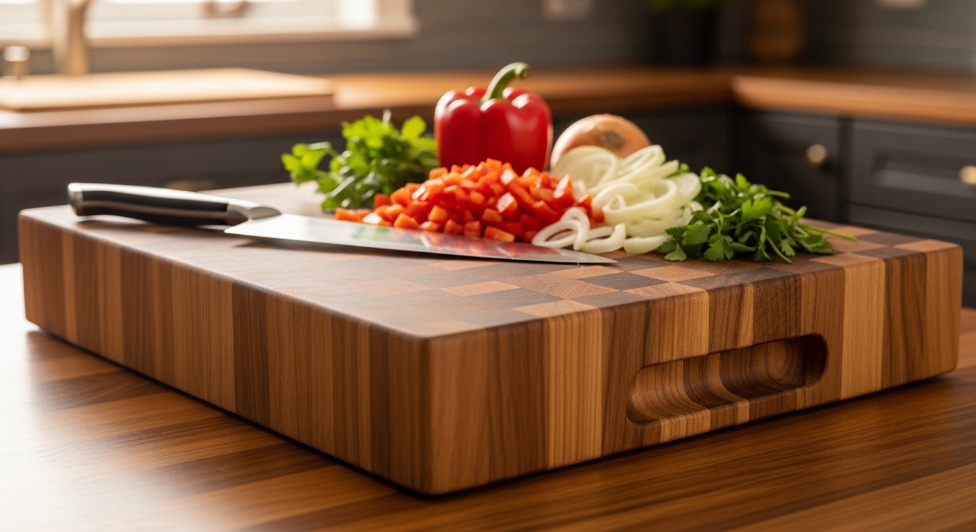 knife chopping vegetables on end grain cutting board