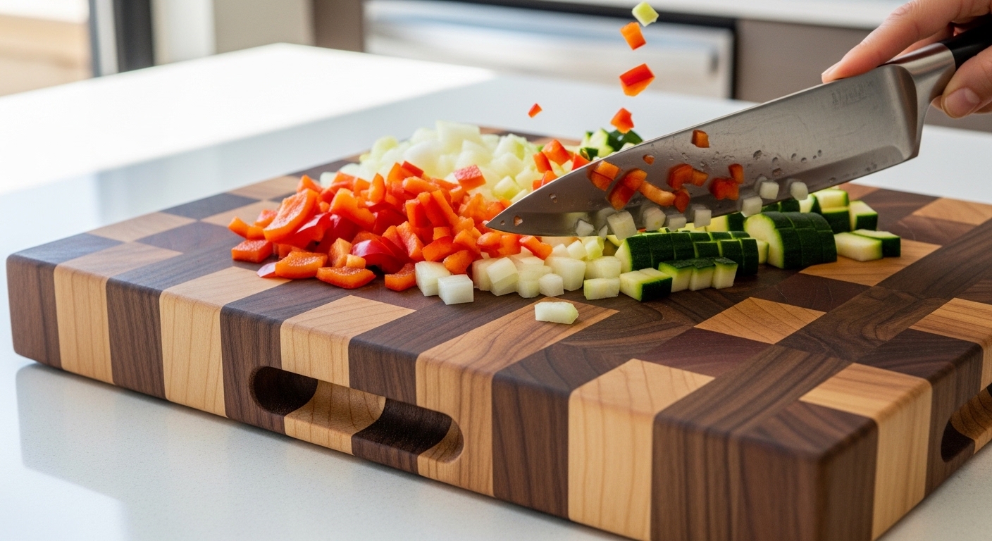 end grain cutting board with butcher block pattern and chef knife