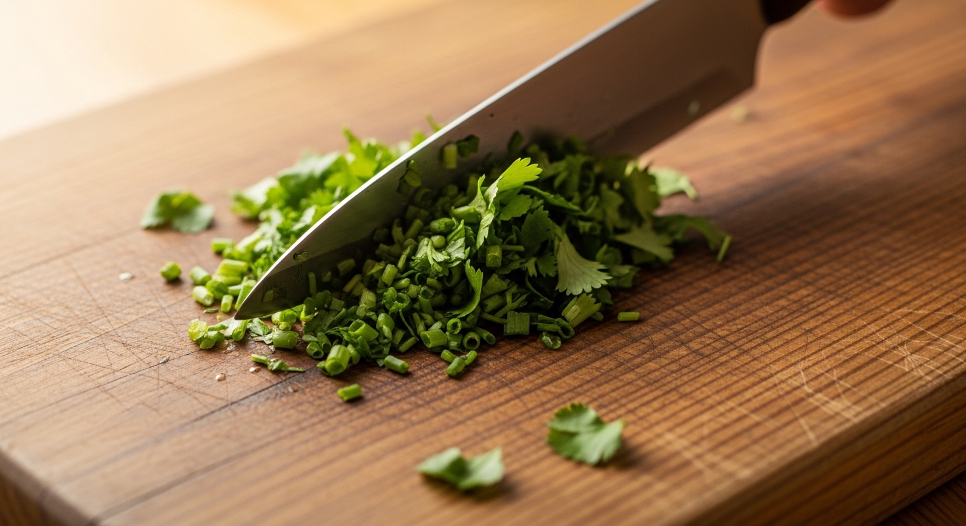 knife slicing herbs on wooden cutting board