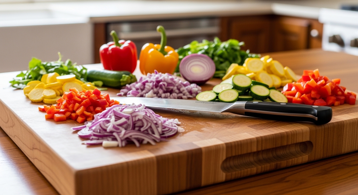 edge grain maple cutting board used for vegetable prep