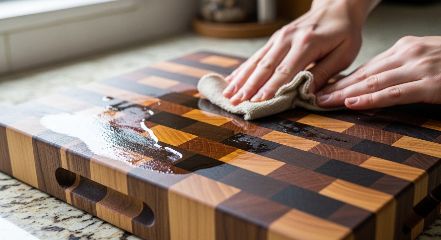 oiling end grain cutting board with mineral oil