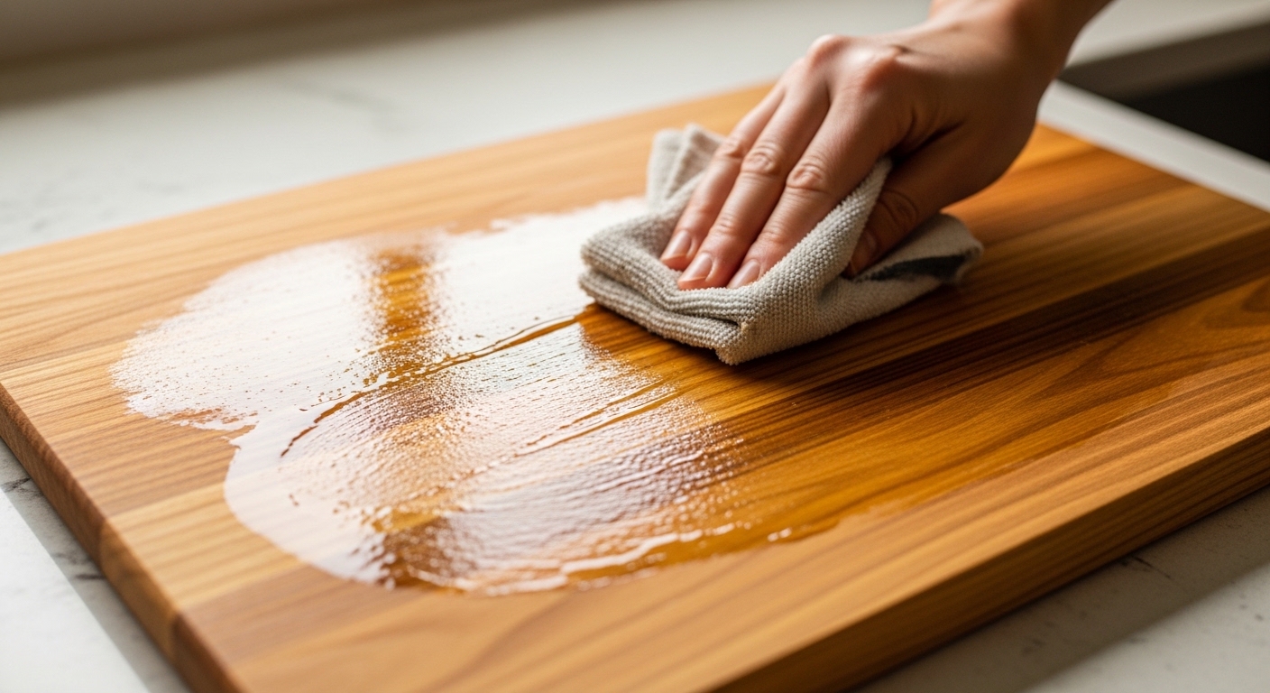 oiling teak cutting board with mineral oil