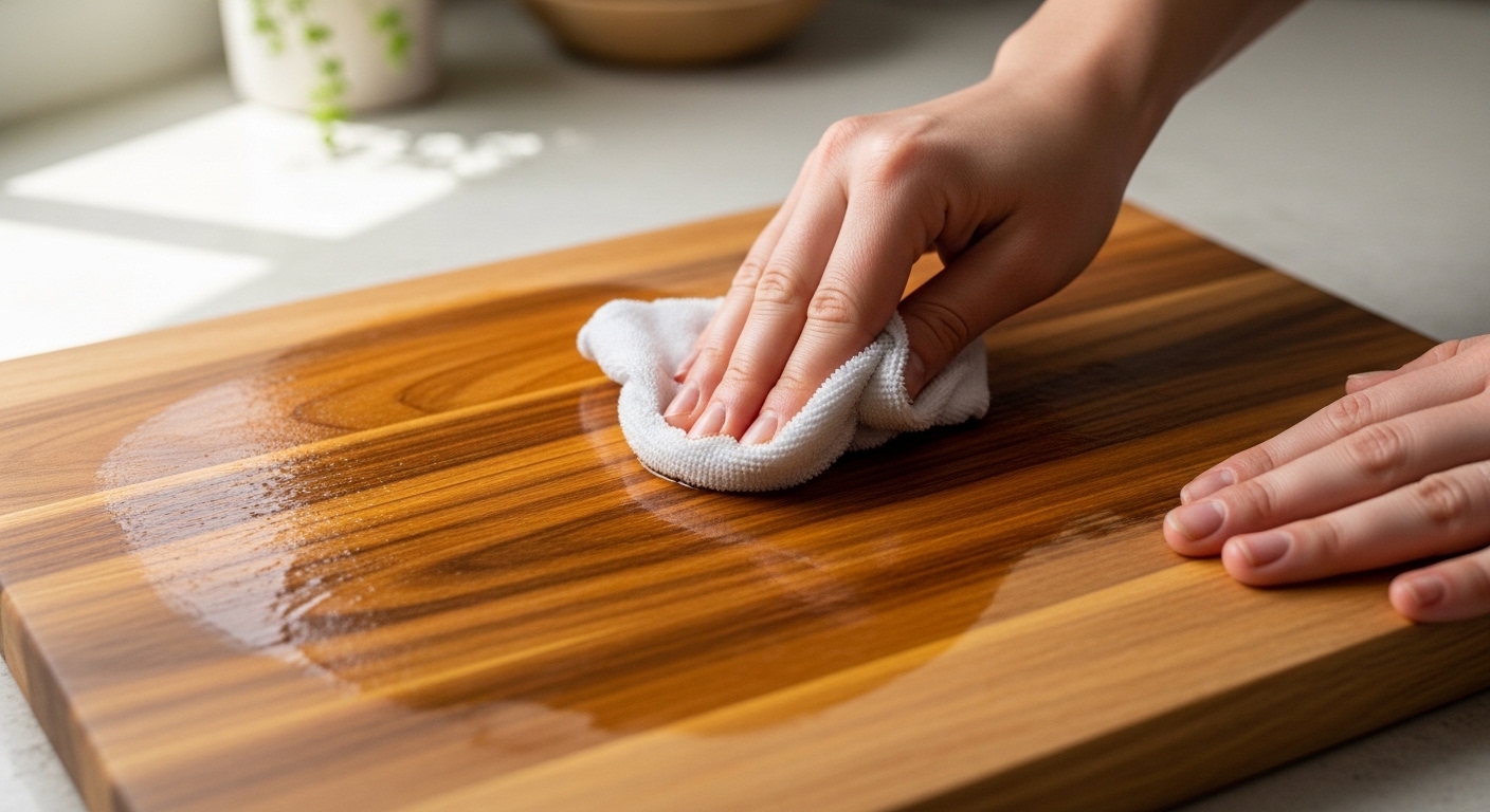 oiling wooden cutting board with mineral oil