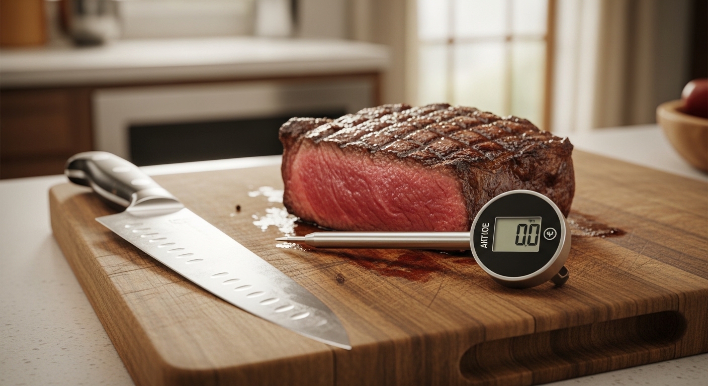 digital instant read thermometer on kitchen cutting board with vegetables Thermometer steak resting