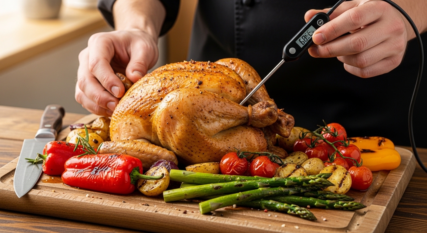 digital instant read thermometer on kitchen cutting board with vegetables Roast Chicken