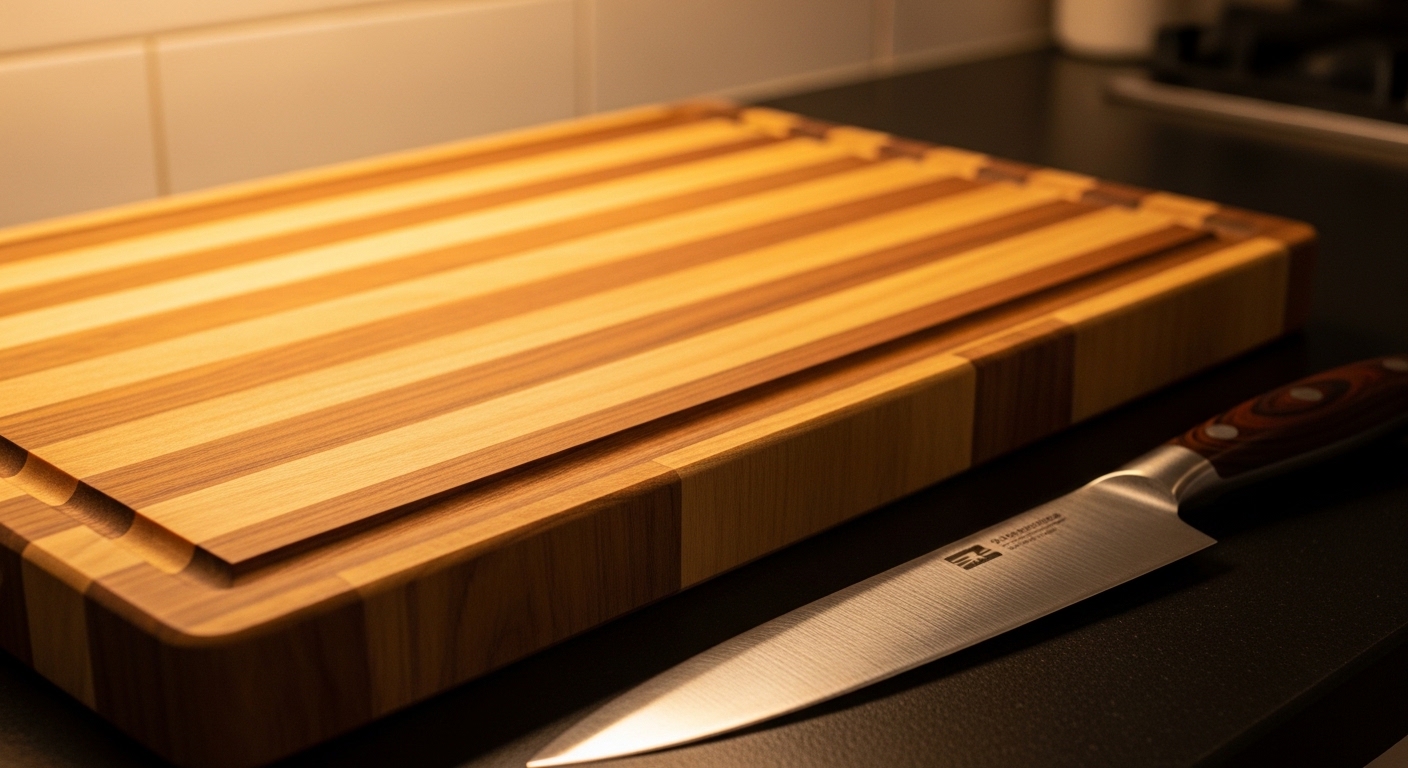 teak cutting board wood grain close up