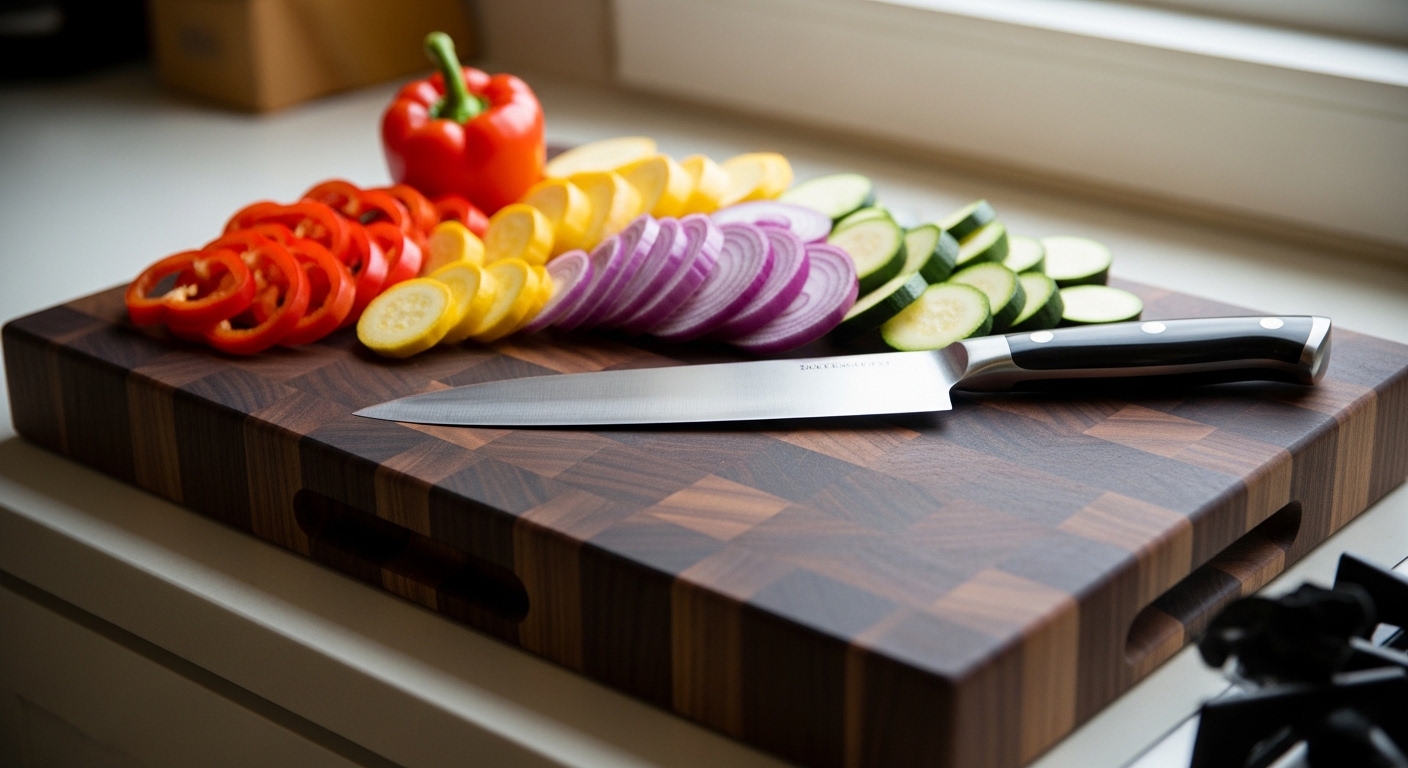 end grain cutting board with butcher block pattern and chef knife