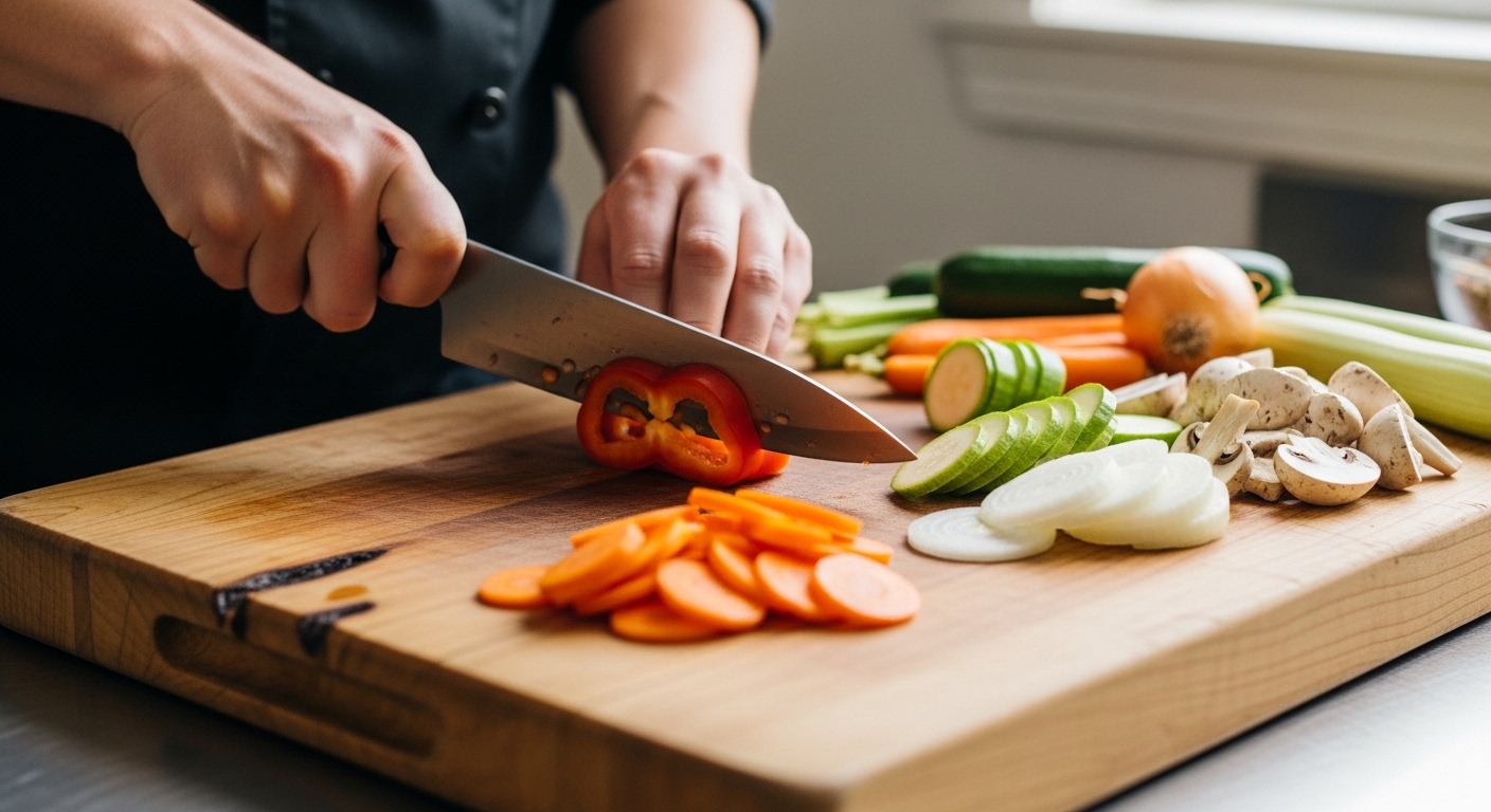 chef slicing vegetables on wooden cutting board